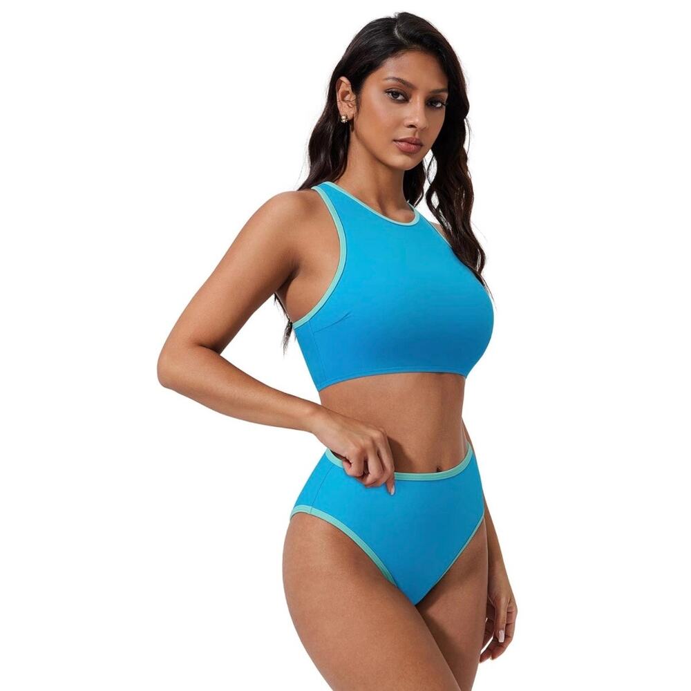 Women Two Piece Swimsuit Blue High Neck Bikini Set Sport Swimwear Size S